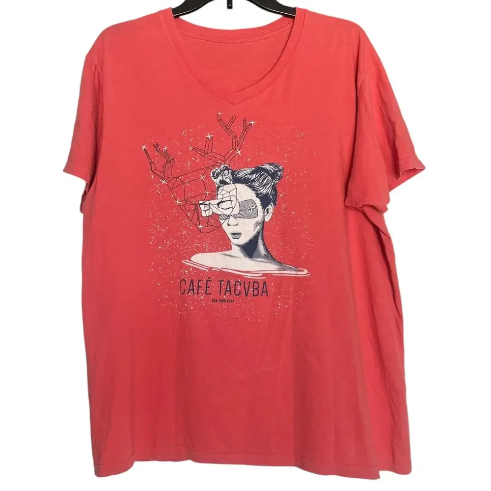 Café Tacvba 2018 USA Tour Graphic Band T-Shirt Coral V-Neck Size L